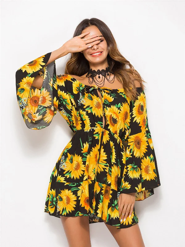 Floral Coast Sunflower Print Mini Dress Cozy Ruched Mini Dress