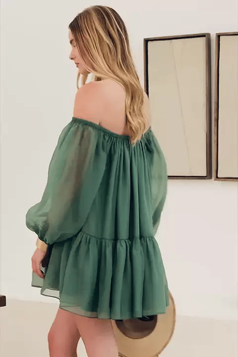 Organza Long Off Shoulder Wide Sleeve Mini Dress Comfortable Ruffle Mini Dress