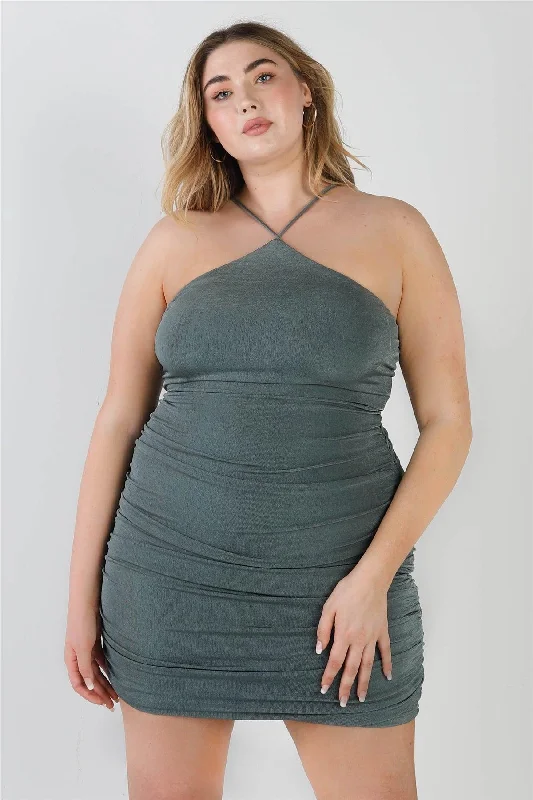 Plus Size Sage Ruched Back Lace Down Mini Dress /2-2-2 Trendy Camisole Mini Dress