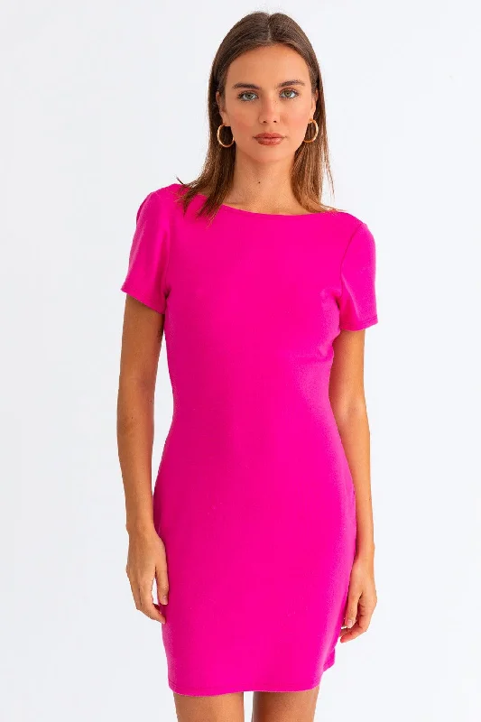 Hot Pink Short Sleeve Low Back Mini Dress Trendy Tie-Dye Mini Dress