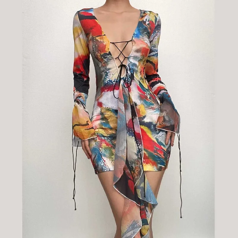 Lace up contrast flared sleeve self tie tie dye mini dress Elegant Tulle Mini Dress