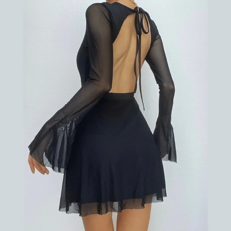 Long flared sleeve crewneck self tie mesh backless mini dress Cozy Cotton Mini Dress Long flared sleeve crewneck self tie mesh backless mini dress Cozy Cotton Mini Dress