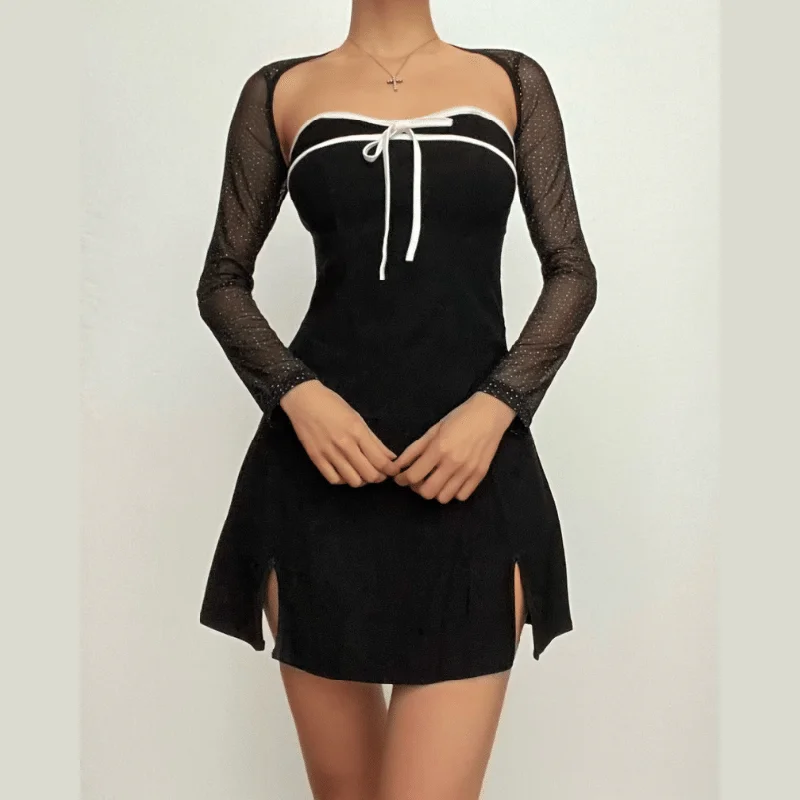 Long sleeve bowknot mesh shrug slit zip-up glitter 2 piece mini dress- Final Sale Comfortable Off-Shoulder Mini Dress Long sleeve bowknot mesh shrug slit zip-up glitter 2 piece mini dress- Final Sale Comfortable Off-Shoulder Mini Dress