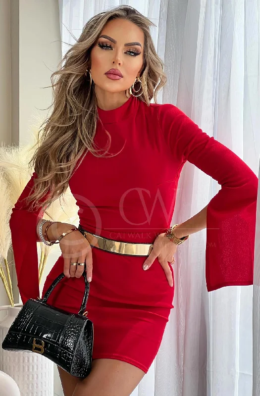 Luna Cut Out Slit Sleeve Mini Dress-Red Comfortable Polka Dot Mini Dress