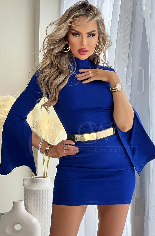 Luna Cut Out Slit Sleeve Mini Dress-Royal Blue Elegant Satin Mini Dress