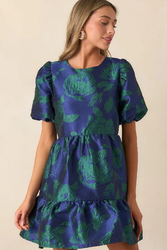 Making It Shine Midnight Blue Floral Jacquard Mini Dress Stylish Plaid Mini Dress