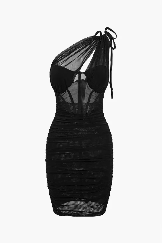 Mesh One Shoulder Corset Sleeveless Mini Dress Elegant Floral-Print Mini Dress