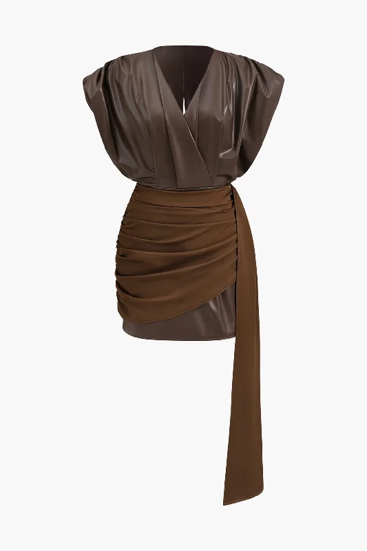 Faux Leather Ruched Zipper V-Neck Mini Dress Stylish Sweetheart Neck Mini Dress