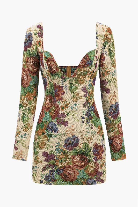 Floral Jacquard Long Sleeve Zipper V-Neck Mini Dress Elegant Satin Lace Mini Dress