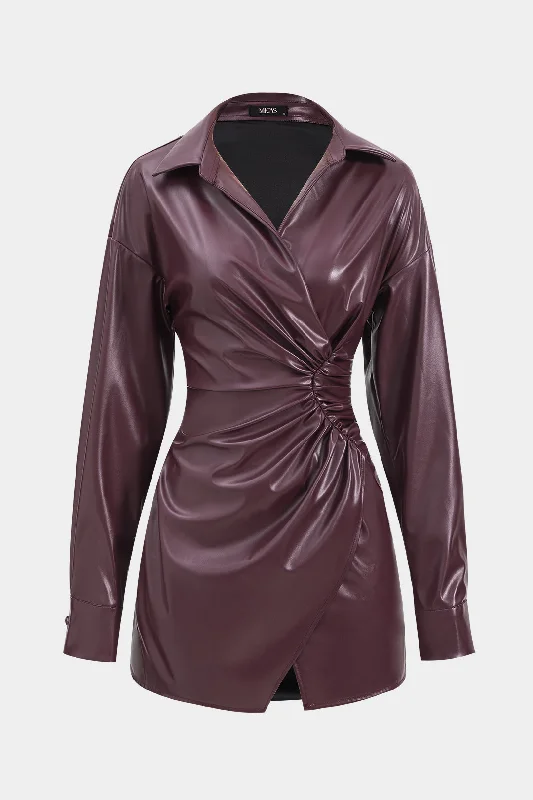 Faux Leather V-Neck Long Sleeve Ruched Mini Dress Chic Mini Dress with V-Neck