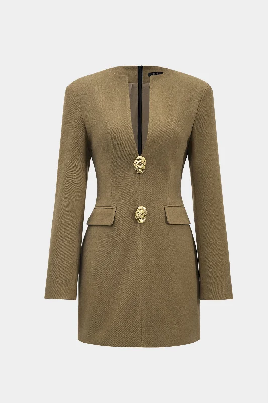 Woolen V-Neck Long Sleeve Metallic Button Mini Dress Casual V-Neck Mini Dress