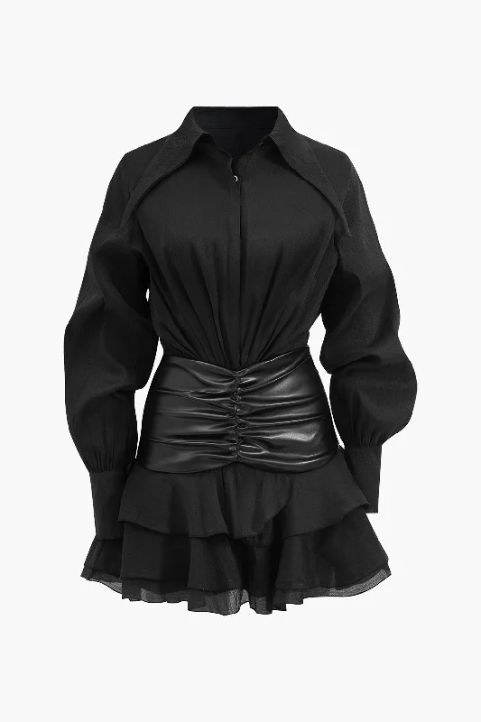 Chiffon Faux Leather Patchwork Ruffle Long Sleeve Mini Dress Fashionable Mini Dress with Pockets Chiffon Faux Leather Patchwork Ruffle Long Sleeve Mini Dress Fashionable Mini Dress with Pockets