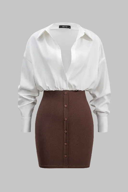 Patchwork Button Detail Long Sleeve Mini Dress Comfortable Off-Shoulder Mini Dress