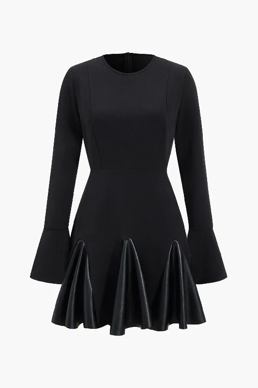Faux Leather Patchwork Round Neck Long Sleeve Puff Mini Dress Comfortable Casual Mini Dress Faux Leather Patchwork Round Neck Long Sleeve Puff Mini Dress Comfortable Casual Mini Dress