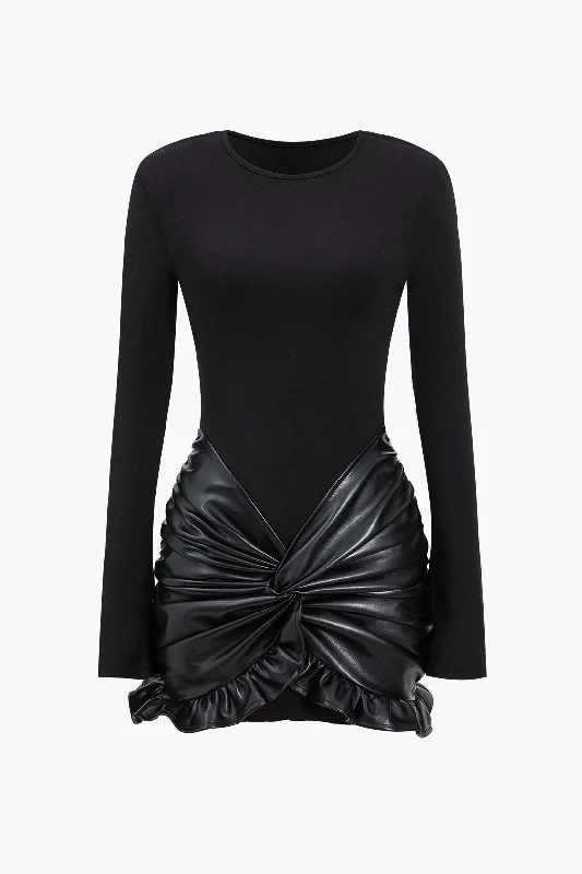 Faux Leather Patchwork Ruffle Ruched Long Sleeve Mini Dress Cozy A-Line Mini Dress