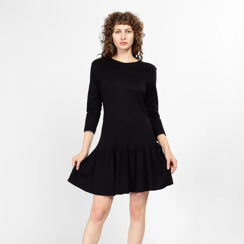 Medium 80s Black Knit Drop Waist Mini Dress Cozy Ruched Mini Dress