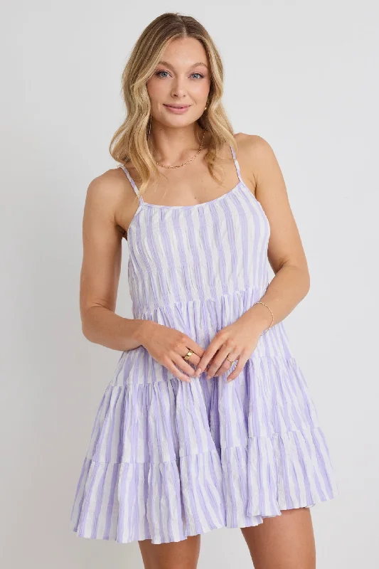 Memphis Lilac stripe Strappy Tiered Mini Dress Cozy Sweater Mini Dress
