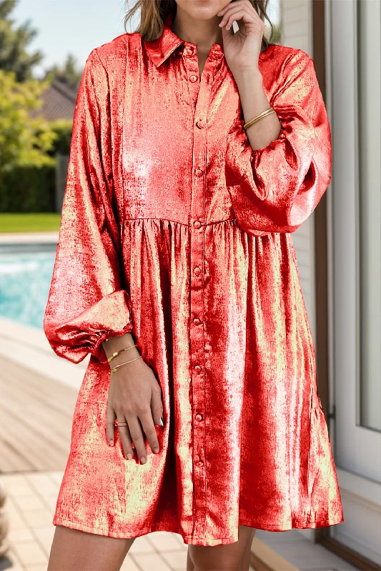 Metallic Sheen Long Sleeve Mini Dress Fashionable Boho-Chic Mini Dress