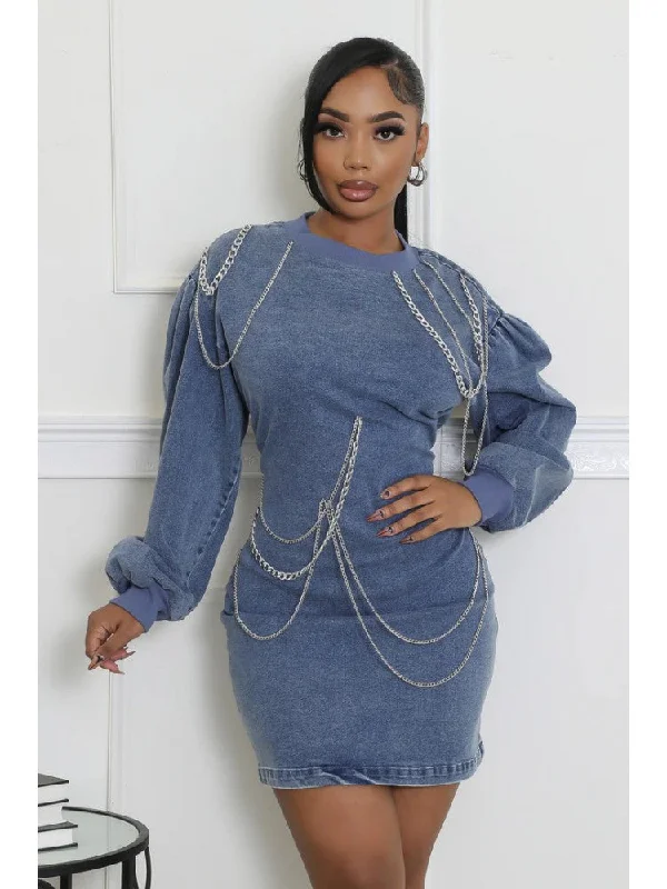 Mineral Washed Chain Patch Denim Mini Dress Casual Button-Up Mini Dress