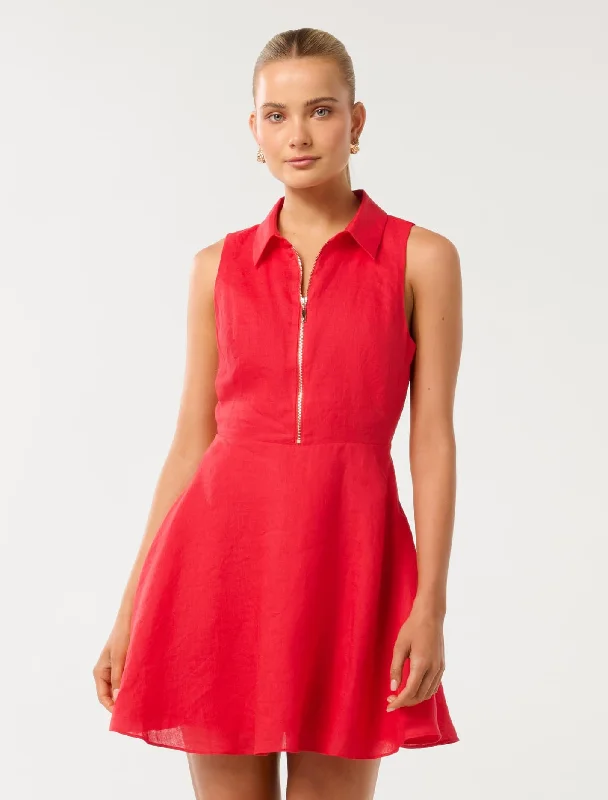 Nina Zip Front Collar Linen Mini Dress Trendy Mini Dress with Belt