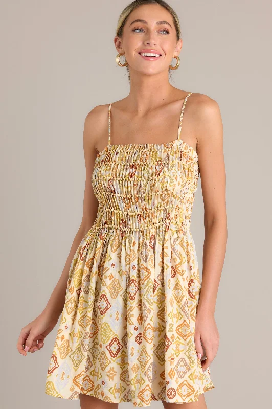Oceanic Opulence Beige Multi Print Mini Dress Stylish Sweetheart Neck Mini Dress