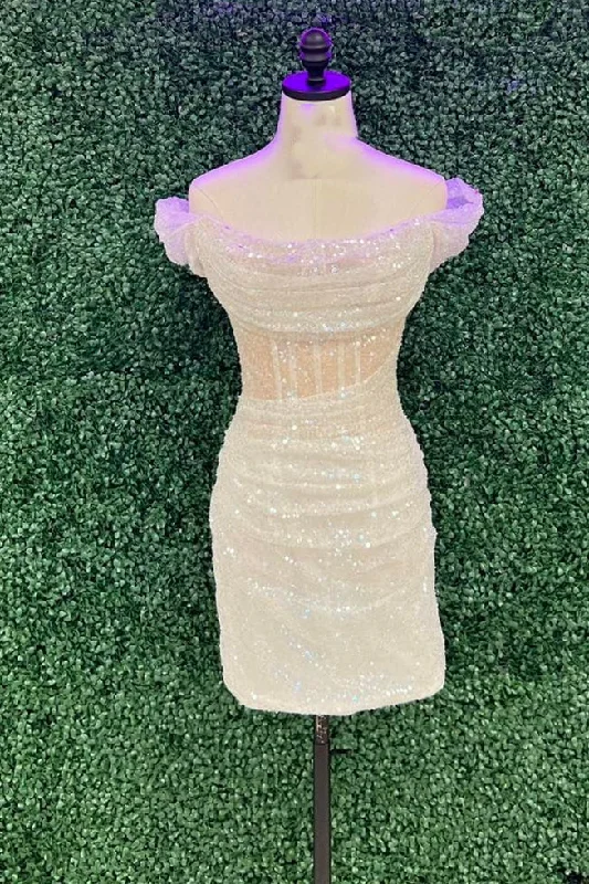 Off the Shoulder White Sequin Tight Mini Dress Cozy Knitted Mini Dress