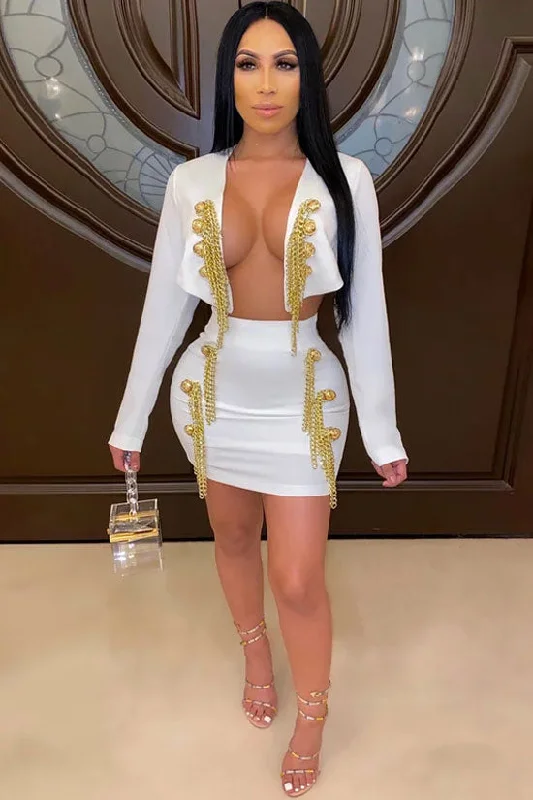 Office Ready Metallic Chai Long Sleeve Blazer Bandage Two Piece Mini Dress Stylish Sweetheart Mini Dress