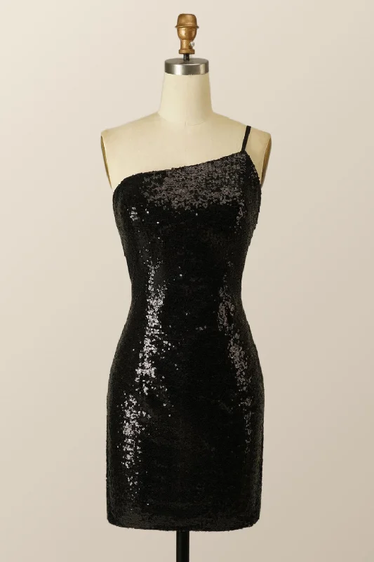 One Shoulder Black Sequin Bodycon Mini Dress Elegant Vintage Mini Dress