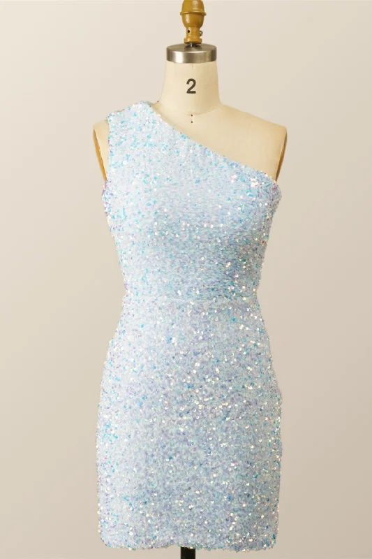 One Shoulder Sky Blue Sequin Bodycon Mini Dress Trendy Lace Mini Dress
