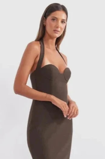 Socialite Halter Mini Dress Coffee Fashionable Mini Dress with Slits