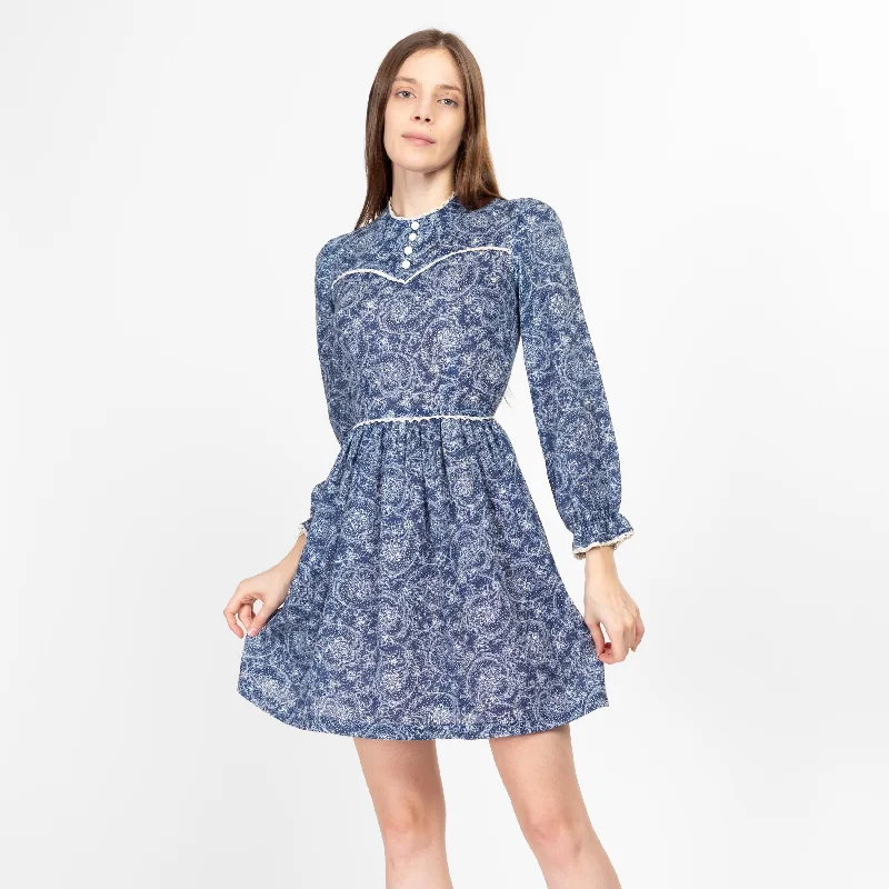 Petite XS 70s Boho Blue & White Floral Babydoll Mini Dress Cozy Cowl Neck Mini Dress Petite XS 70s Boho Blue & White Floral Babydoll Mini Dress Cozy Cowl Neck Mini Dress