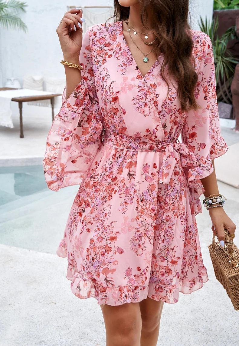 Pink Floral Boho Mini Dress Fashionable Off-Shoulder Mini Dress