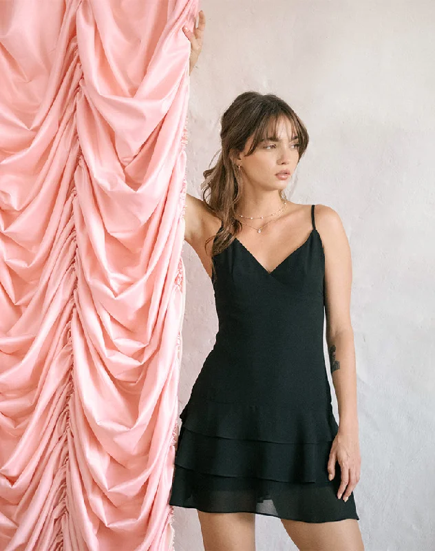 Riasi Ruffle Mini Dress in Chiffon Black Trendy Off-Shoulder Dress Mini