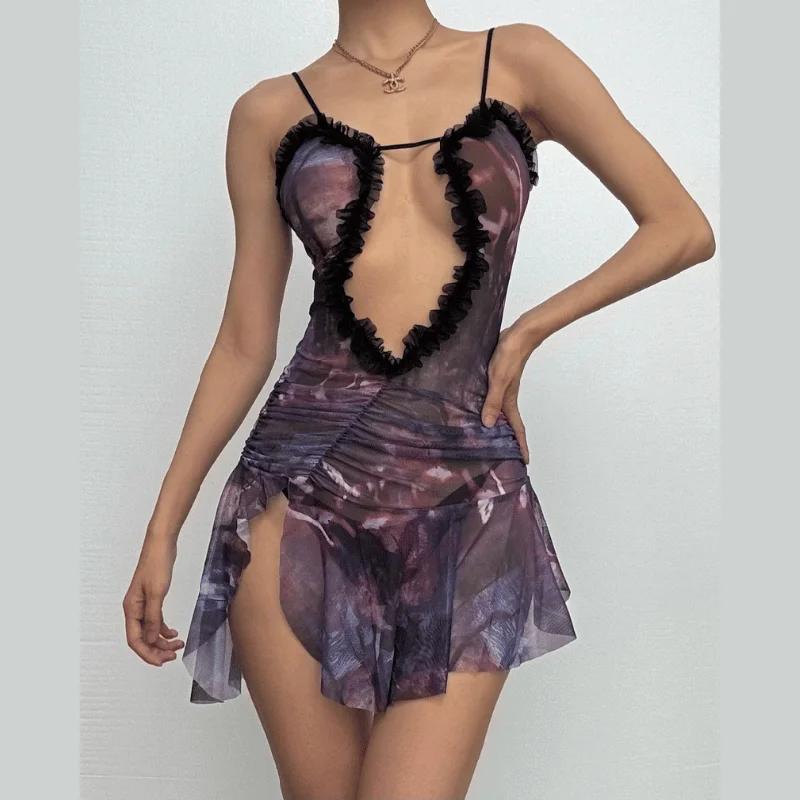 Ruched ruffle slit sheer mesh hollow out cami cut out mini dress Modern Satin Mini Dress Ruched ruffle slit sheer mesh hollow out cami cut out mini dress Modern Satin Mini Dress