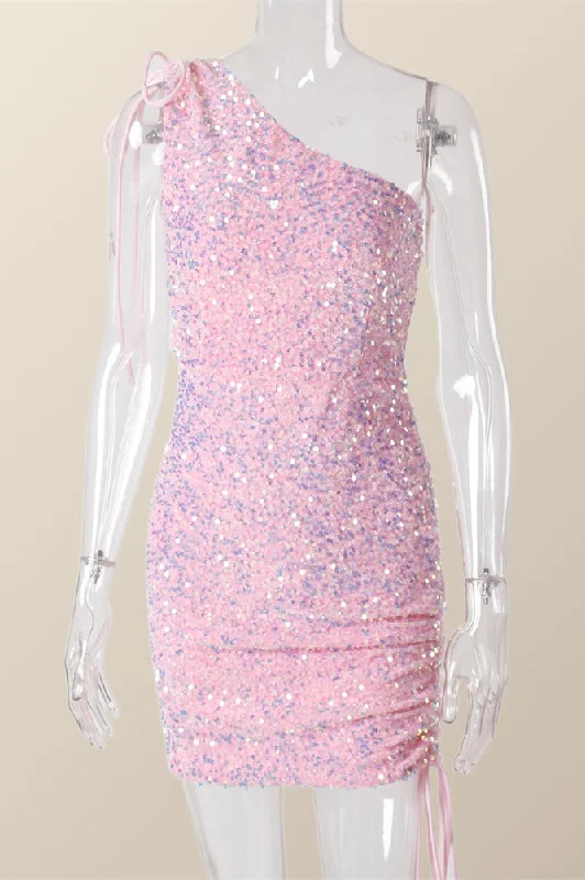 Ruched One Shoulder and Hem Pink Sequin Mini Dress Elegant Off-Shoulder Dress Mini