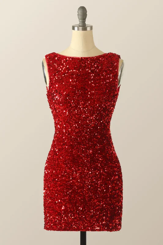 Scoop Red Sequin Tight Mini Dress with Cowl Back Fashionable Party Mini Dress