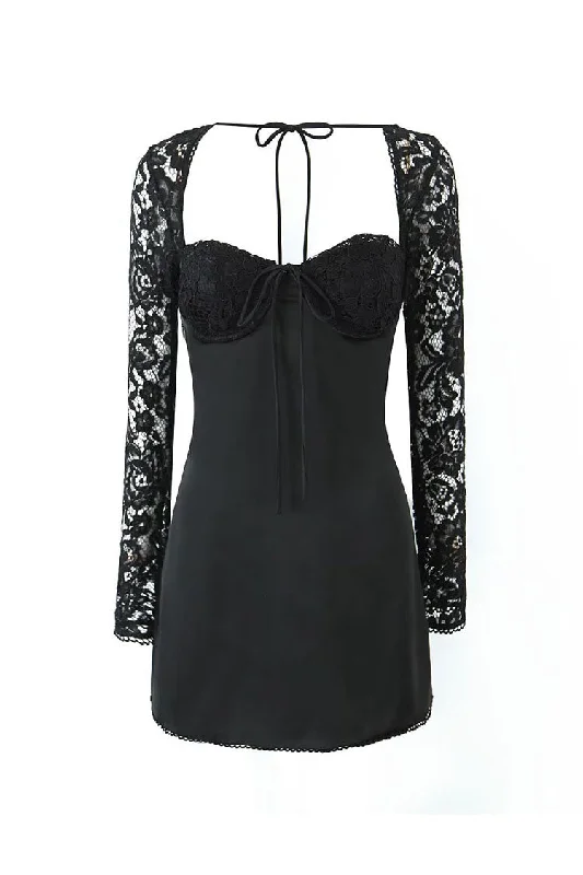 Sexy Bow Tie Bustier Lace Sleeve Smocked Lace Up Satin Party Mini Dress Cozy Knit Mini Dress Sexy Bow Tie Bustier Lace Sleeve Smocked Lace Up Satin Party Mini Dress Cozy Knit Mini Dress