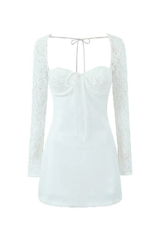Sexy Bow Tie Bustier Lace Sleeve Smocked Laced Back Bodycon Party Mini Dress Casual Button-Up Mini Dress