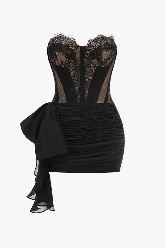 Sexy Bustier Strapless Lace Corset Bow Tie Ruched Bodycon Party Mini Dress Fashionable Summer Mini Dress Sexy Bustier Strapless Lace Corset Bow Tie Ruched Bodycon Party Mini Dress Fashionable Summer Mini Dress