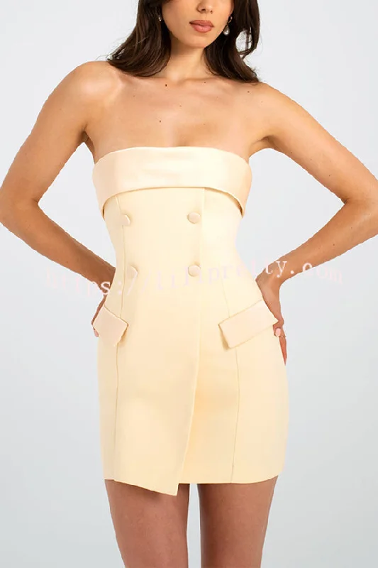 Sexy Tube Top Button-embellished Fitted Mini Dress Chic Tropical Mini Dress