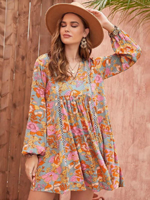 BerriesJam - 2024 Smocked Long Sleeves Mini Dress Trendy Floral Mini Dress