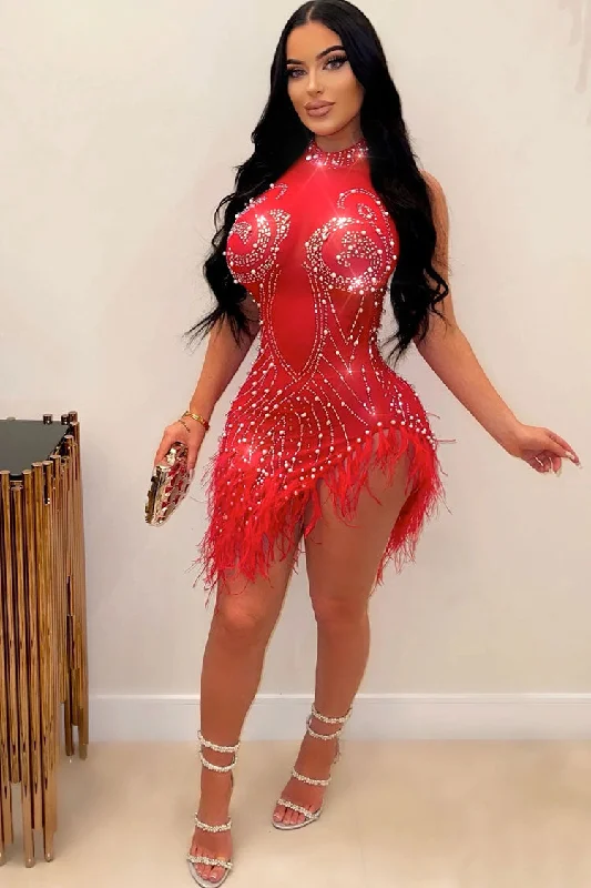 Sparkly Crystal Beaded Sleeveless Sheer Mesh Feather Club Mini Dress - Red Stylish Puff Sleeve Mini Dress