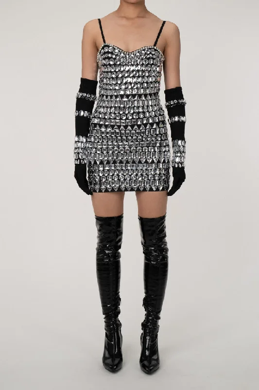 Sparkly Crystal Embellished Glove Bodycon Bandage Party Micro Mini Dress Stylish Button-Down Mini Dress
