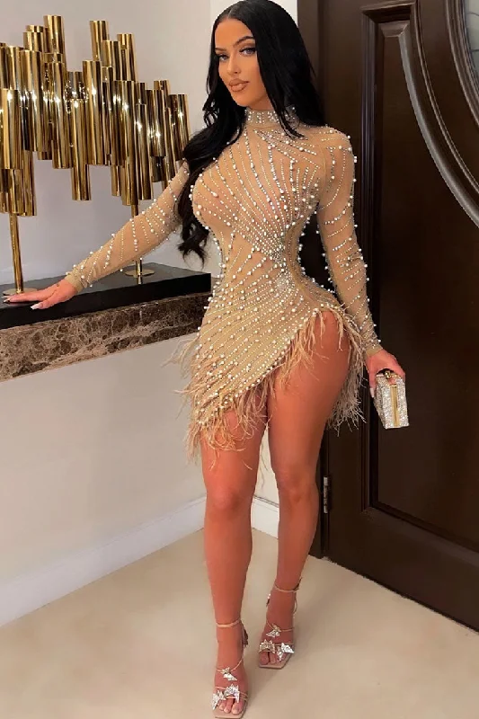 Sparkly Crystal High Neck Sheer Mesh Bodycon Feather Party Mini Dress - Apricot Comfortable Off-Shoulder Mini Dress Sparkly Crystal High Neck Sheer Mesh Bodycon Feather Party Mini Dress - Apricot Comfortable Off-Shoulder Mini Dress