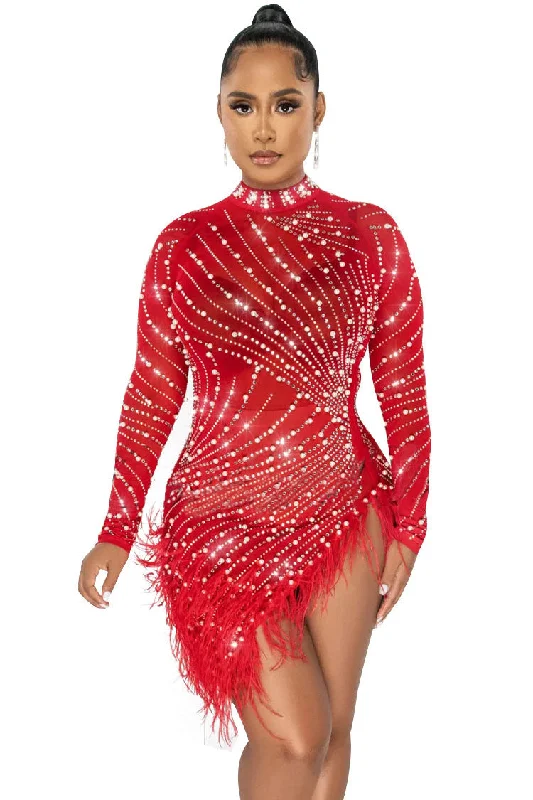 Sparkly Crystal High Neck Sheer Mesh Bodycon Feather Party Mini Dress - Red Elegant Satin Lace Mini Dress Sparkly Crystal High Neck Sheer Mesh Bodycon Feather Party Mini Dress - Red Elegant Satin Lace Mini Dress
