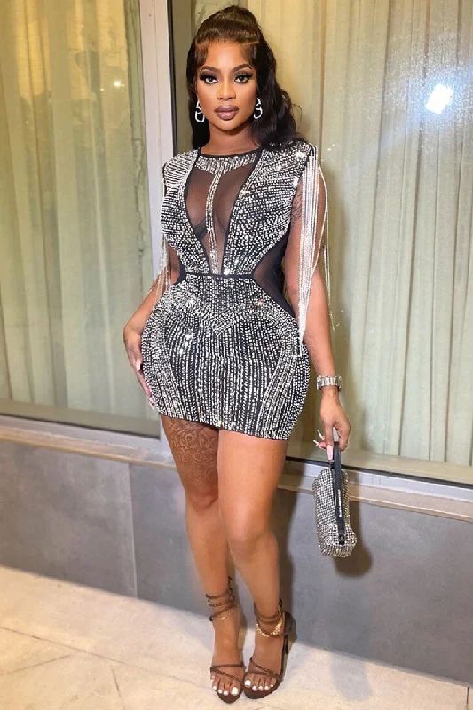 Sparkly Rhinestone Fringe Sleeveless Mesh Panel Fitted Party Mini Dress - Black Cozy Ribbed Mini Dress Sparkly Rhinestone Fringe Sleeveless Mesh Panel Fitted Party Mini Dress - Black Cozy Ribbed Mini Dress