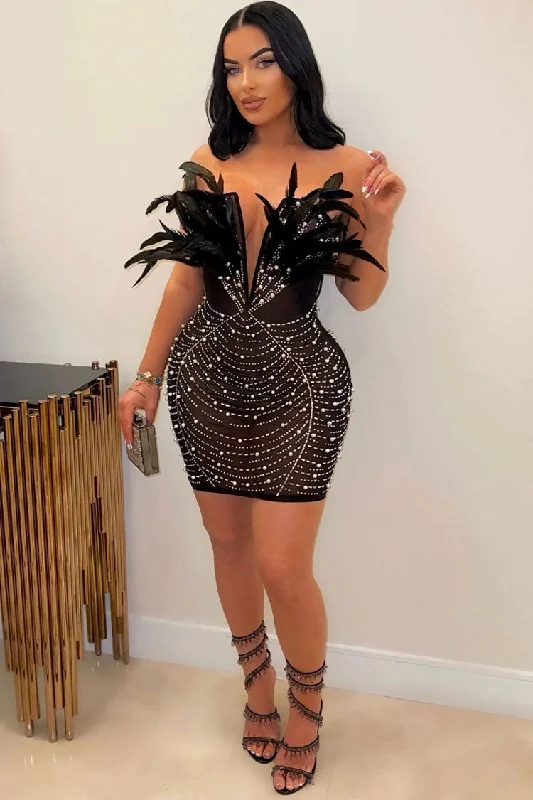 Sparkly Rhinestone Mesh Feather Deep V Strapless Party Mini Dress - Black Elegant Vintage Mini Dress Sparkly Rhinestone Mesh Feather Deep V Strapless Party Mini Dress - Black Elegant Vintage Mini Dress