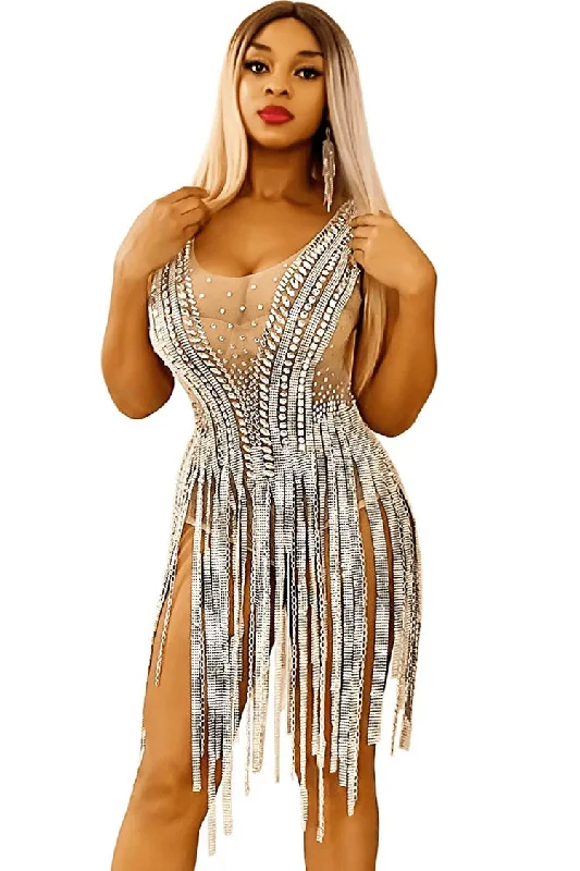 Sparkly Rhinestone Scoop Neck Sheer Mesh Fringe Romper Mini Dress - Silver Comfortable Smocked Mini Dress Sparkly Rhinestone Scoop Neck Sheer Mesh Fringe Romper Mini Dress - Silver Comfortable Smocked Mini Dress