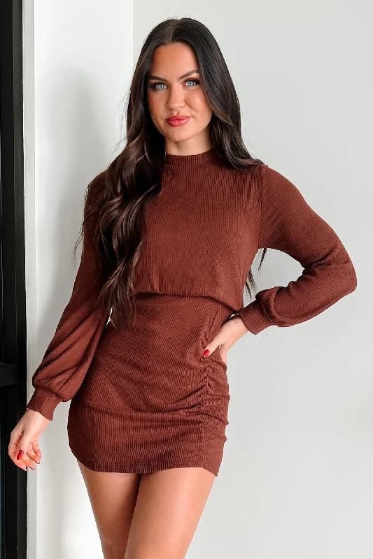 Step On The Scene Ruched Mini Dress (Chocolate) Comfortable Smocked Mini Dress