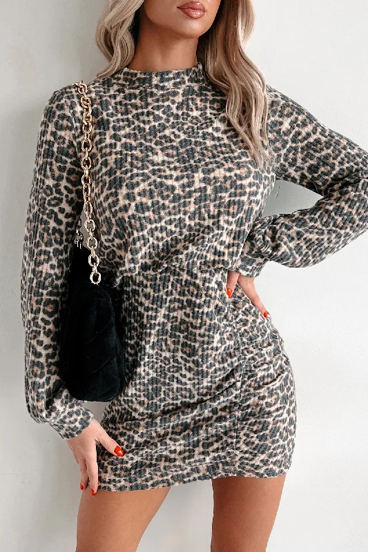 Step On The Scene Ruched Mini Dress (Leopard) Cozy Cotton Mini Dress